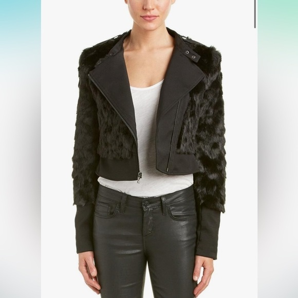 BCBG MAX AZRIA Breton Faux Fur/Leather Jacket Asymmetrical Zip, Moto Style - Picture 1 of 13